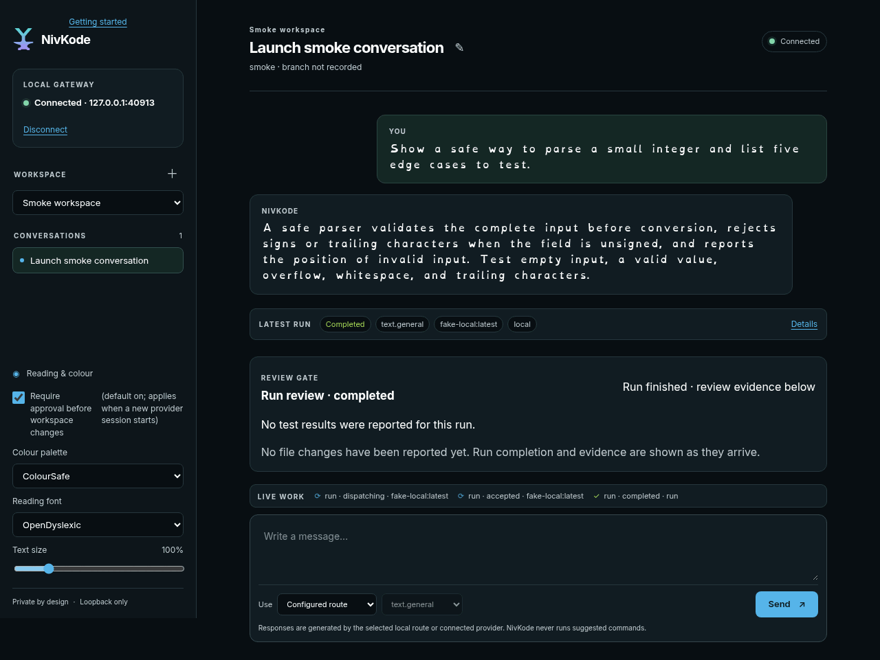 NivKode desktop conversation with the ColourSafe palette and OpenDyslexic reading font selected, showing widened letter spacing in the message text.