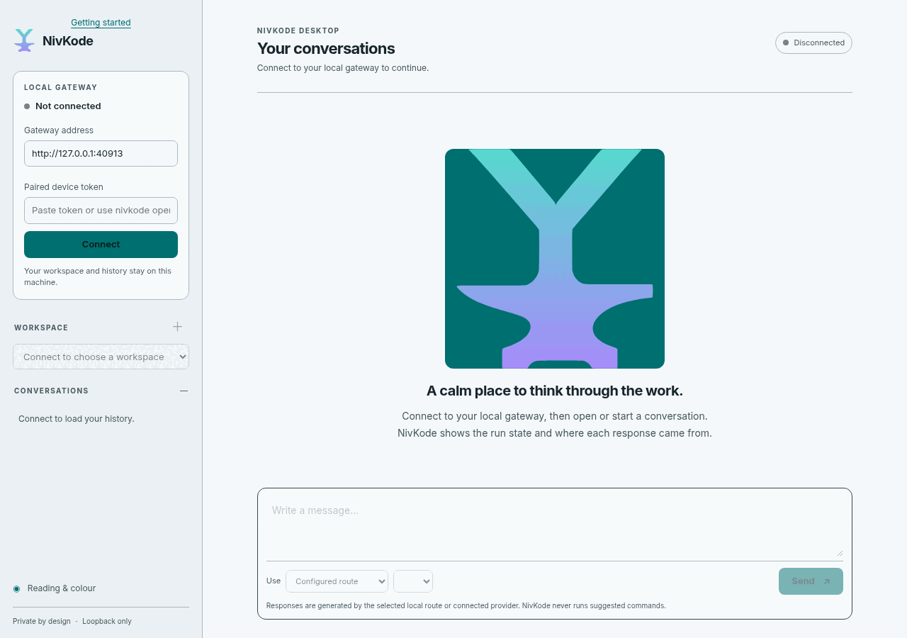 NivKode desktop app before connecting: a gateway address field, a paired device token field and a Connect button beside an empty conversation area.