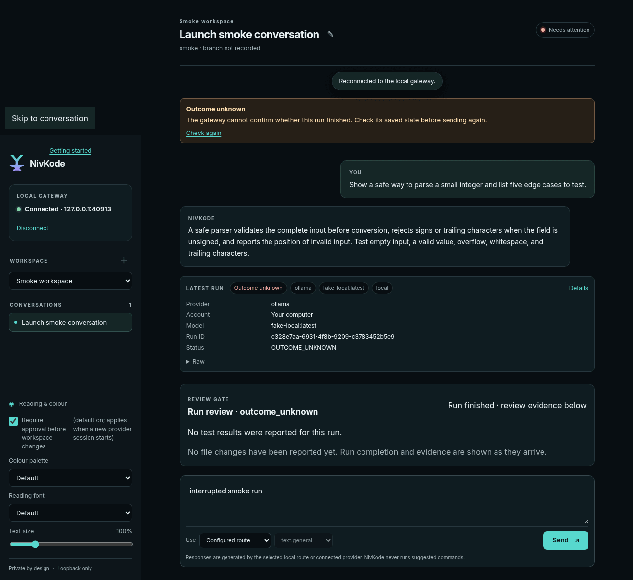 NivKode desktop conversation showing an 'Outcome unknown' notice and a Review gate card stating that no test results or file changes were reported for the run.
