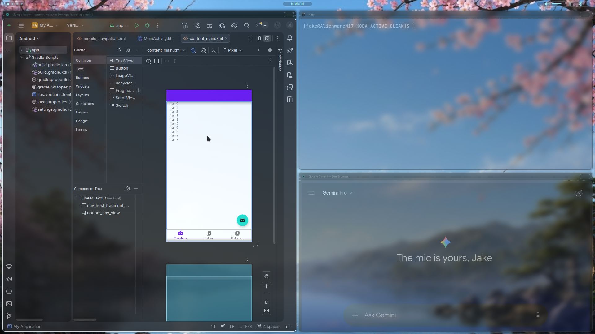 Nivren OS desktop shell on local Linux hardware during active development, with IDE and terminal windows open