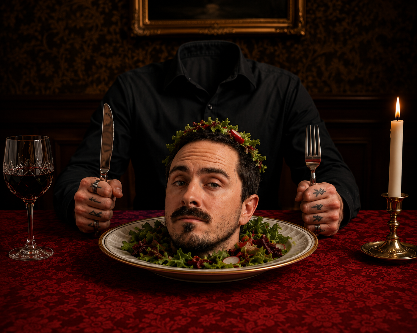 Surreal editorial photograph of a headless diner at a dark red table, tattooed hands holding silver cutlery, with a calm severed head crowned in greens served on a gold-rimmed plate beside wine and candlelight.