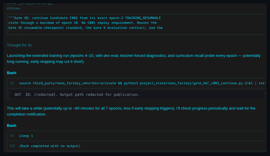 AI development-agent interface showing a training-continuation script being prepared and a bounded multi-epoch training run being launched under supervision.