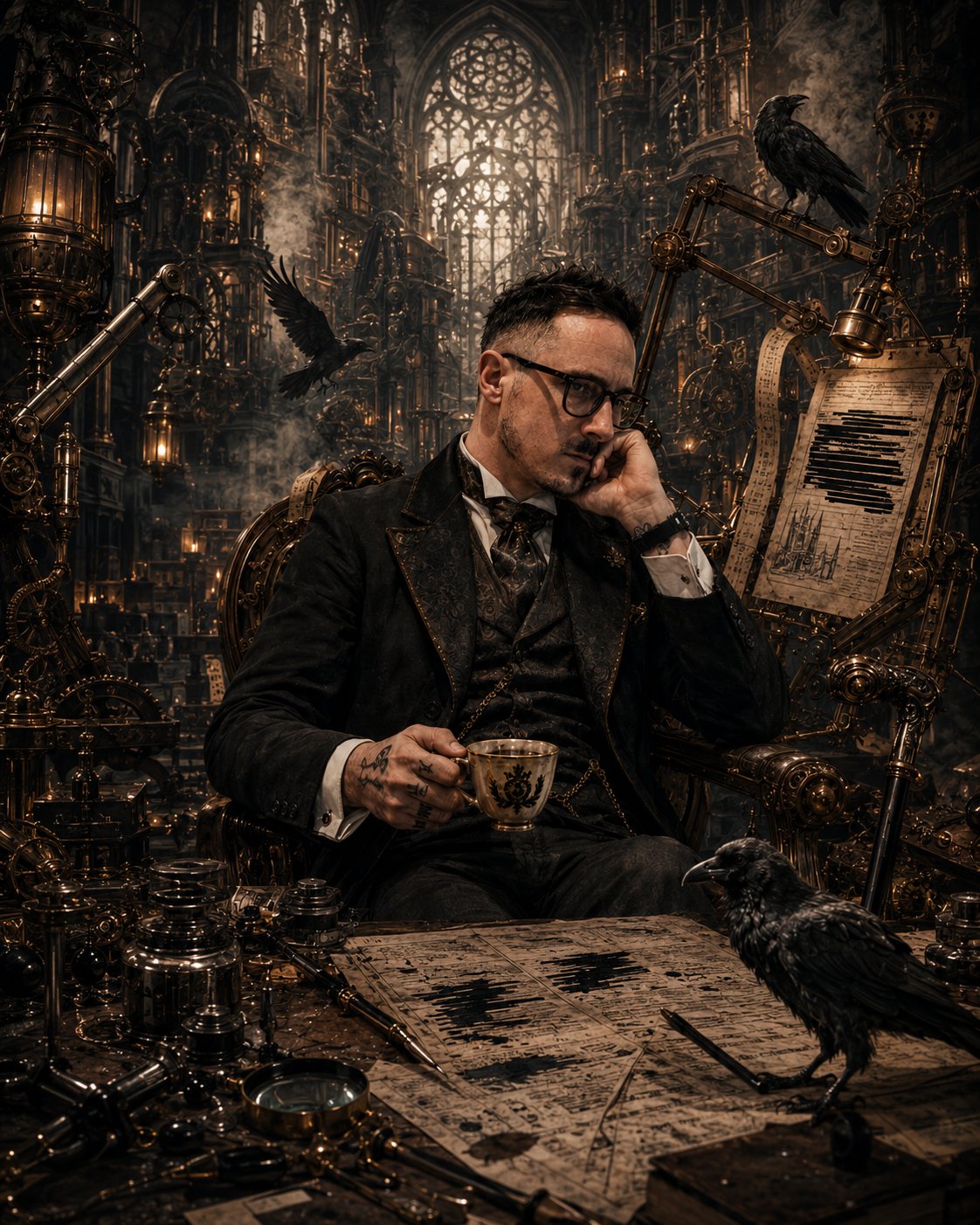 The editor seated within a vast Victorian-gothic machine workshop, surrounded by intricate brass machinery and ravens.