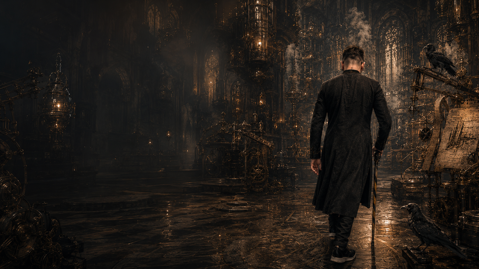 The editor walking into an immense gothic-industrial workshop filled with brass machinery, catwalks and ravens.