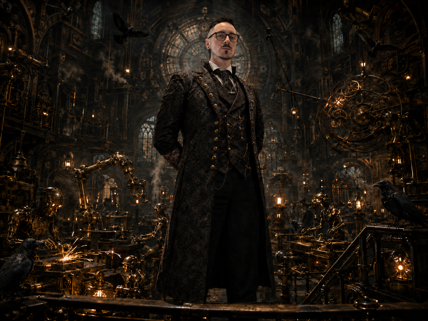 The editor stands above a vast autonomous Victorian machine hall, calmly overseeing clockwork workers and industrial systems.