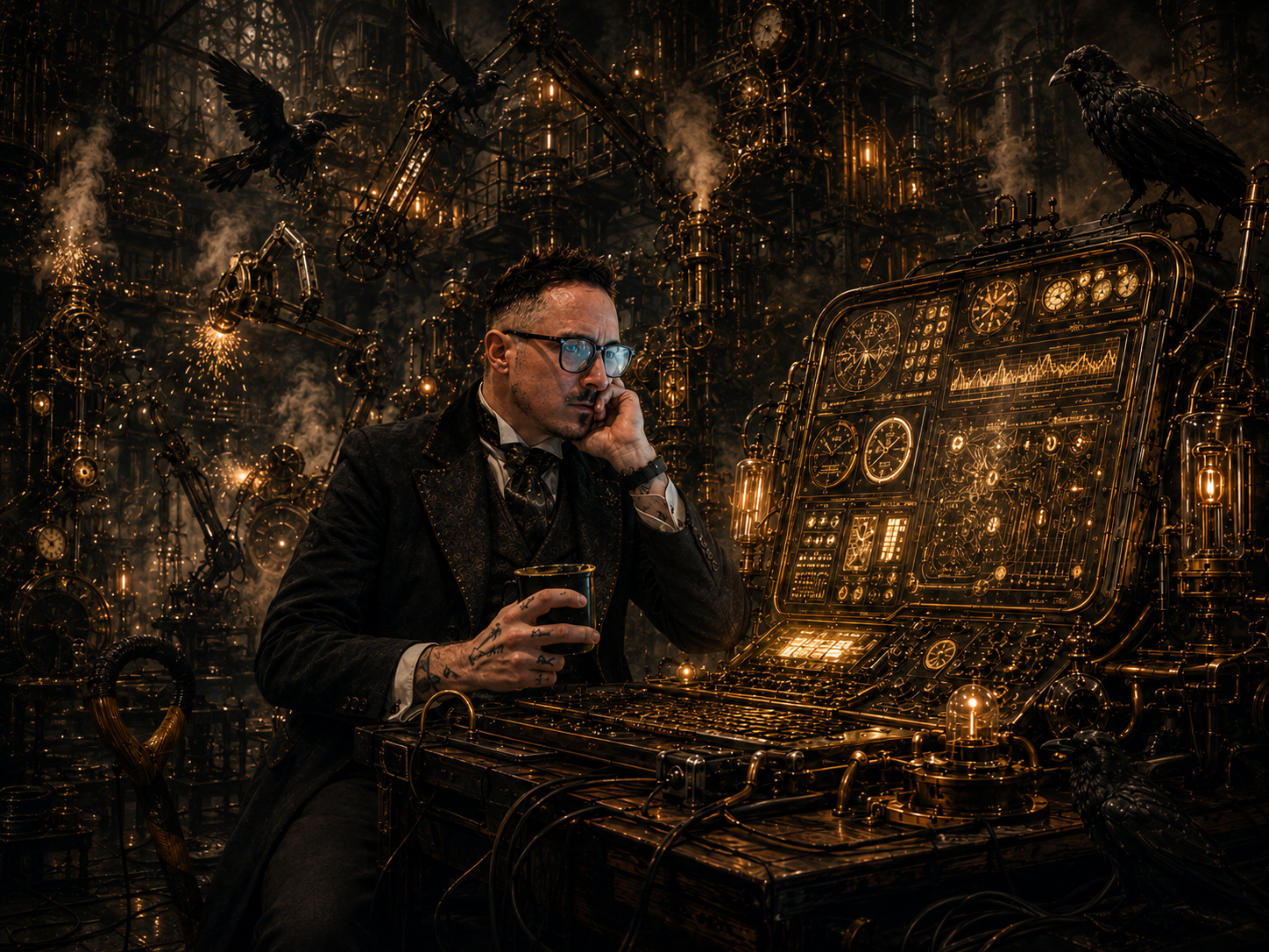 The editor calmly watches a luminous brass control console while a chaotic automated factory operates behind him.