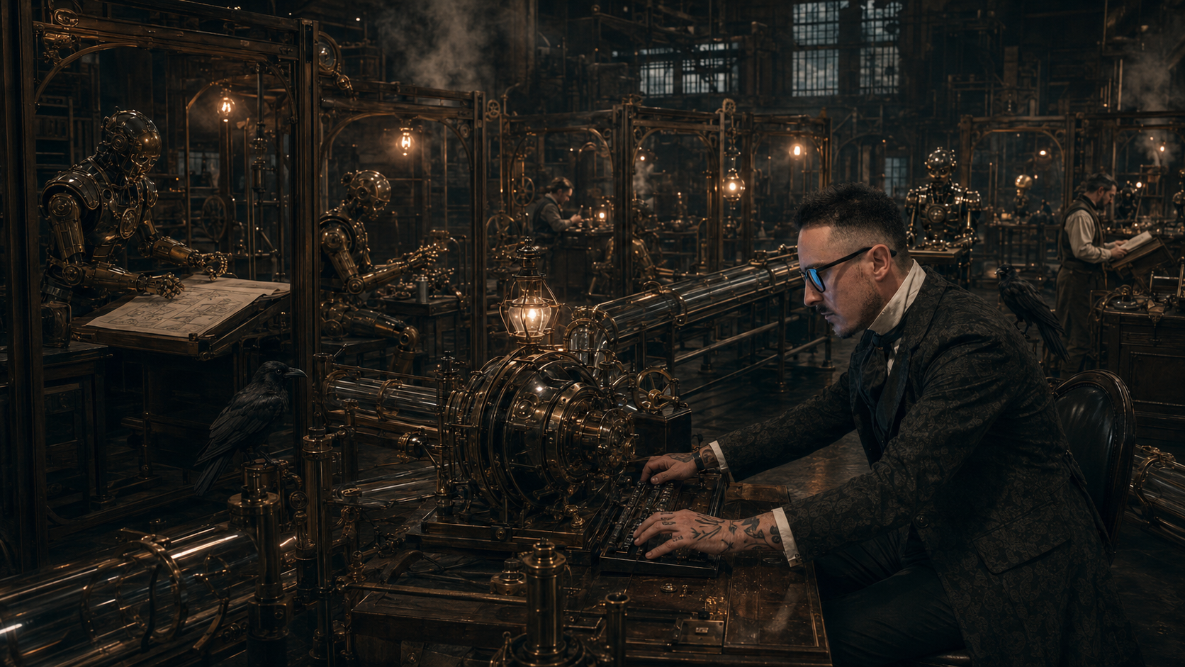 The editor works at a central Victorian computational desk while specialised automaton workers operate in separate workshop bays around him.