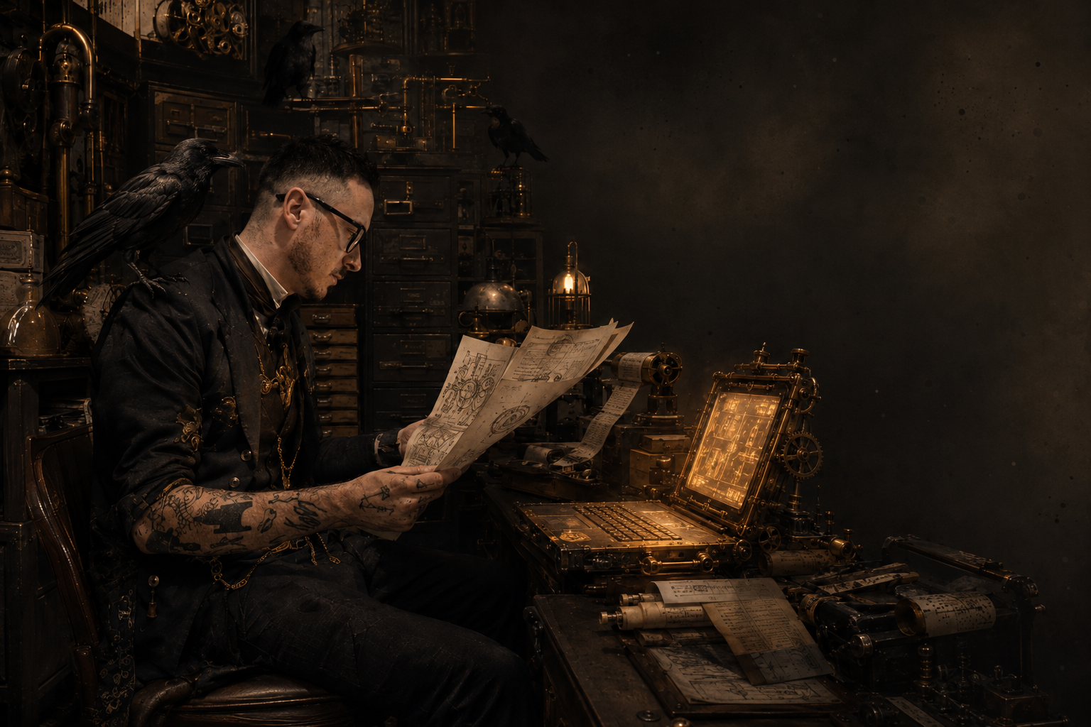The editor studies illuminated records at a steampunk archive desk while mechanical memory systems and ravens surround him.