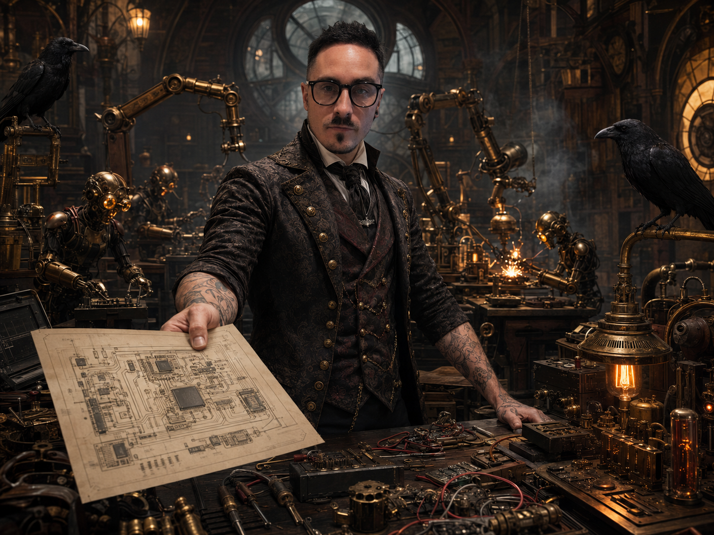 The editor stands at a workbench holding an electronics schematic while automaton assistants construct and test machinery behind him.